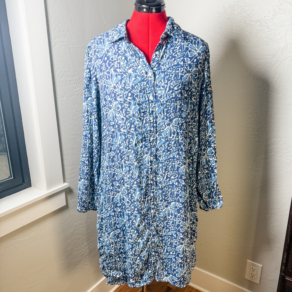 Well Worn Blue White Abstract Floral Button Front Tunic Dress Size XL